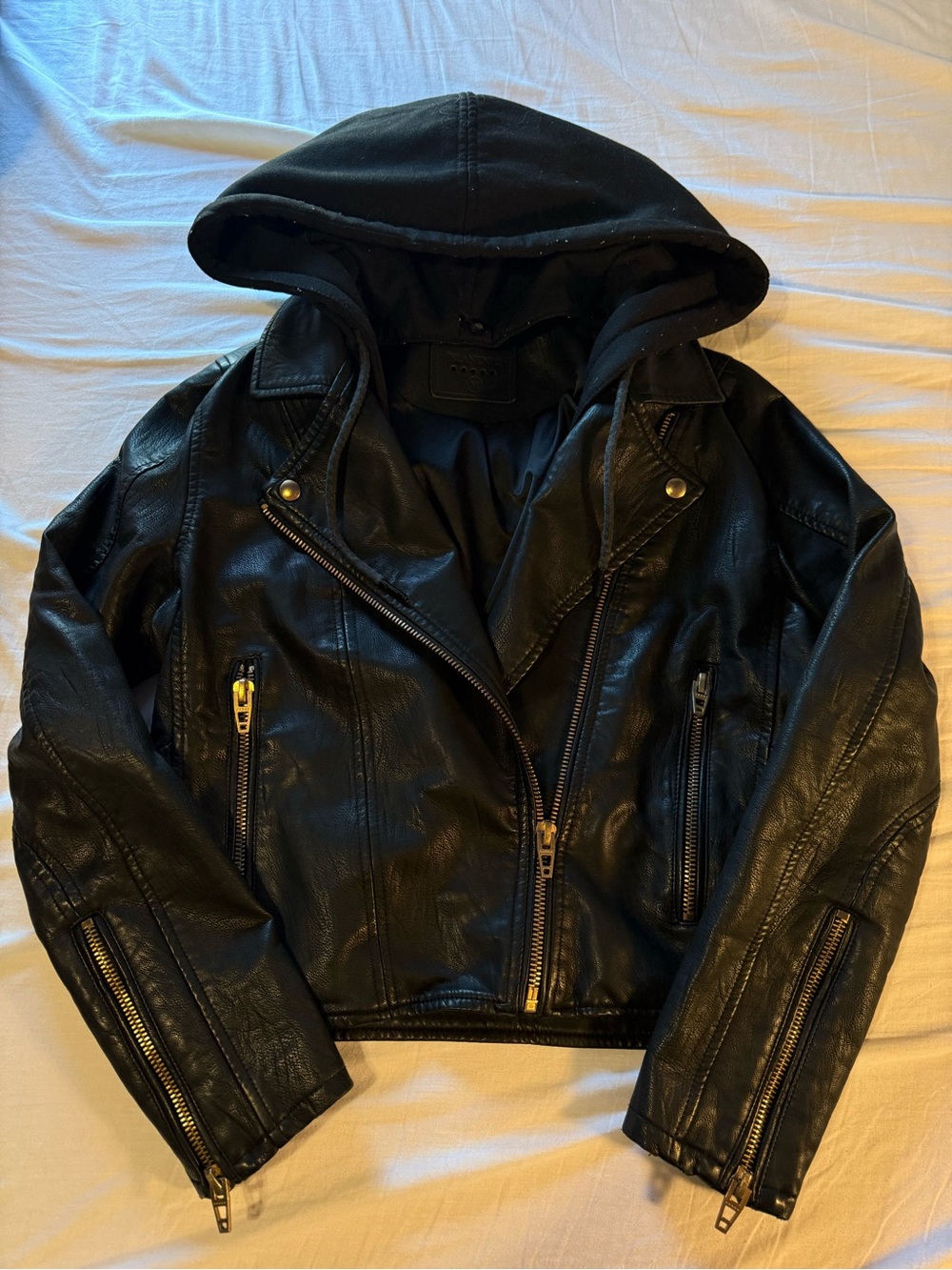 Detachable Black Hooded Faux Leather Moto Jacket
